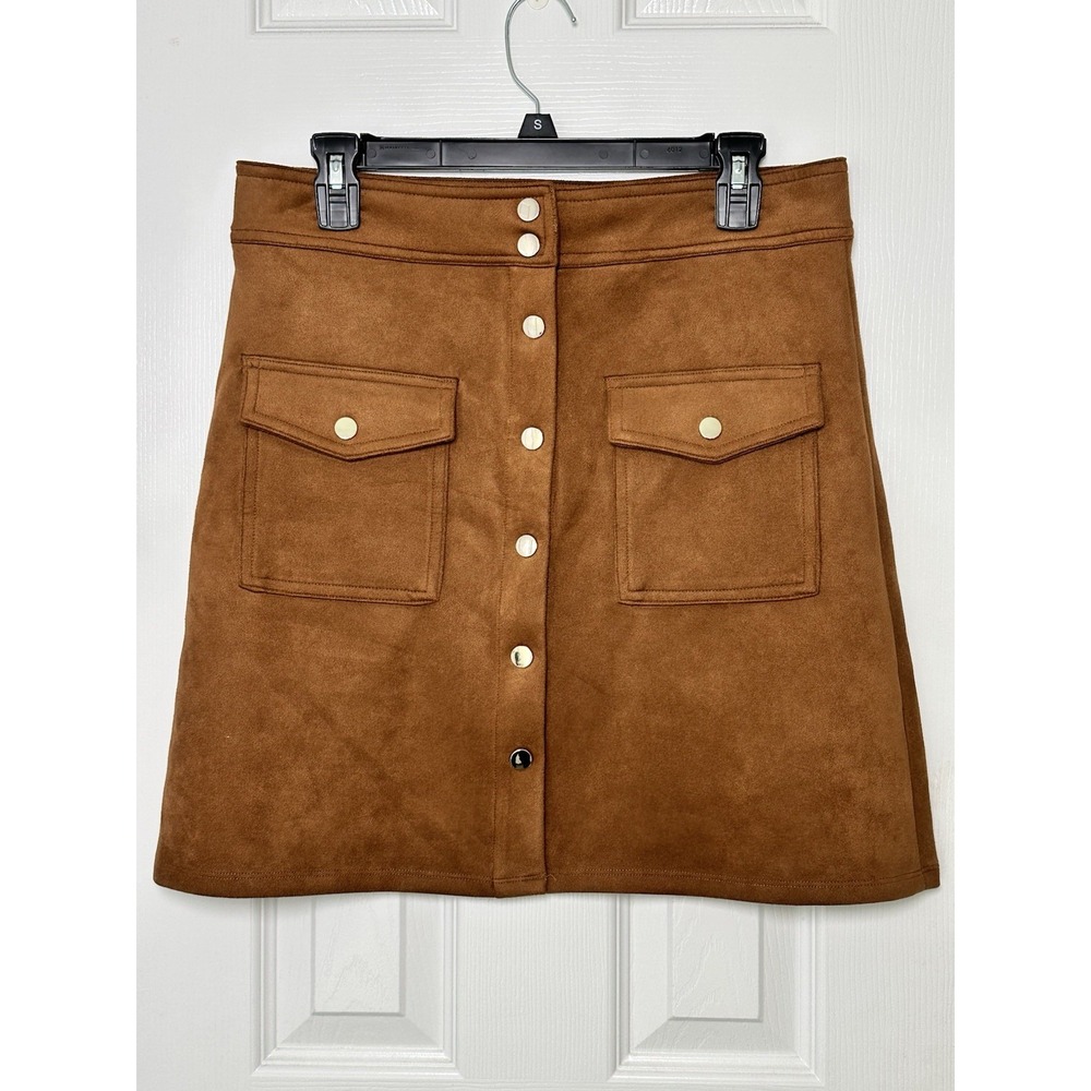 Philosophy Brown Faux Suede Leather Mini‎ A-Line Skirt Front Pockets Women's 8
